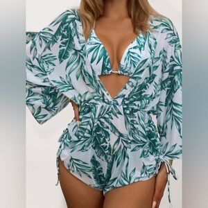 tropical leaf print mesh plunge swimsuit cover up romper L | Miami resortwear